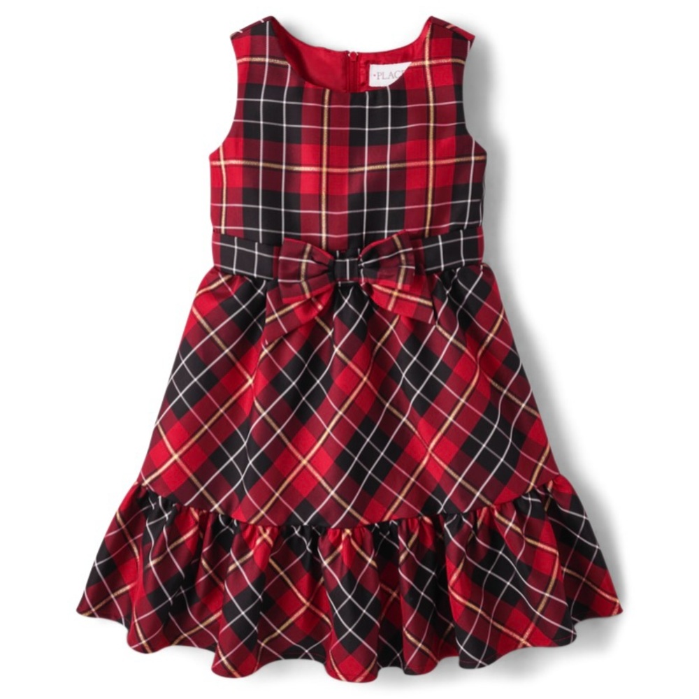 The Children’s Place Girls Matching Family Plaid Satin Tiered Fit & Flare Dress